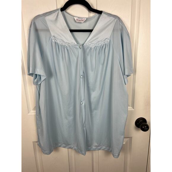 Vintage 1960s Blue Vanity Fair Nylon Sleep Shirt Night Shirt Floral Collar XXL - Picture 8 of 8